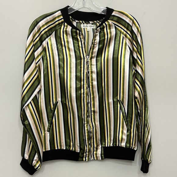 Truly 4 You Satin Jacket Womens Small Green Shiny Striped Bomber Retro‎ - Picture 1 of 11